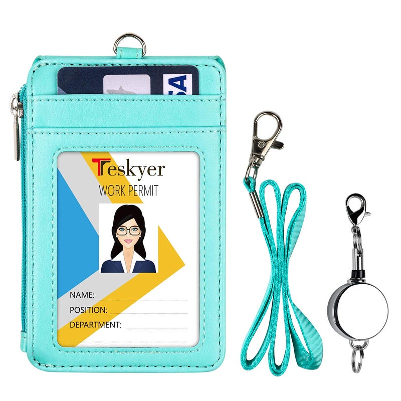Teskyer Leather Badge Holder with Lanyard and Retractable Badge Reel, 4 Card Slots ID Card Holder with 1 Zipper Pocket for Office School Name Work IDs, Green - Image 2